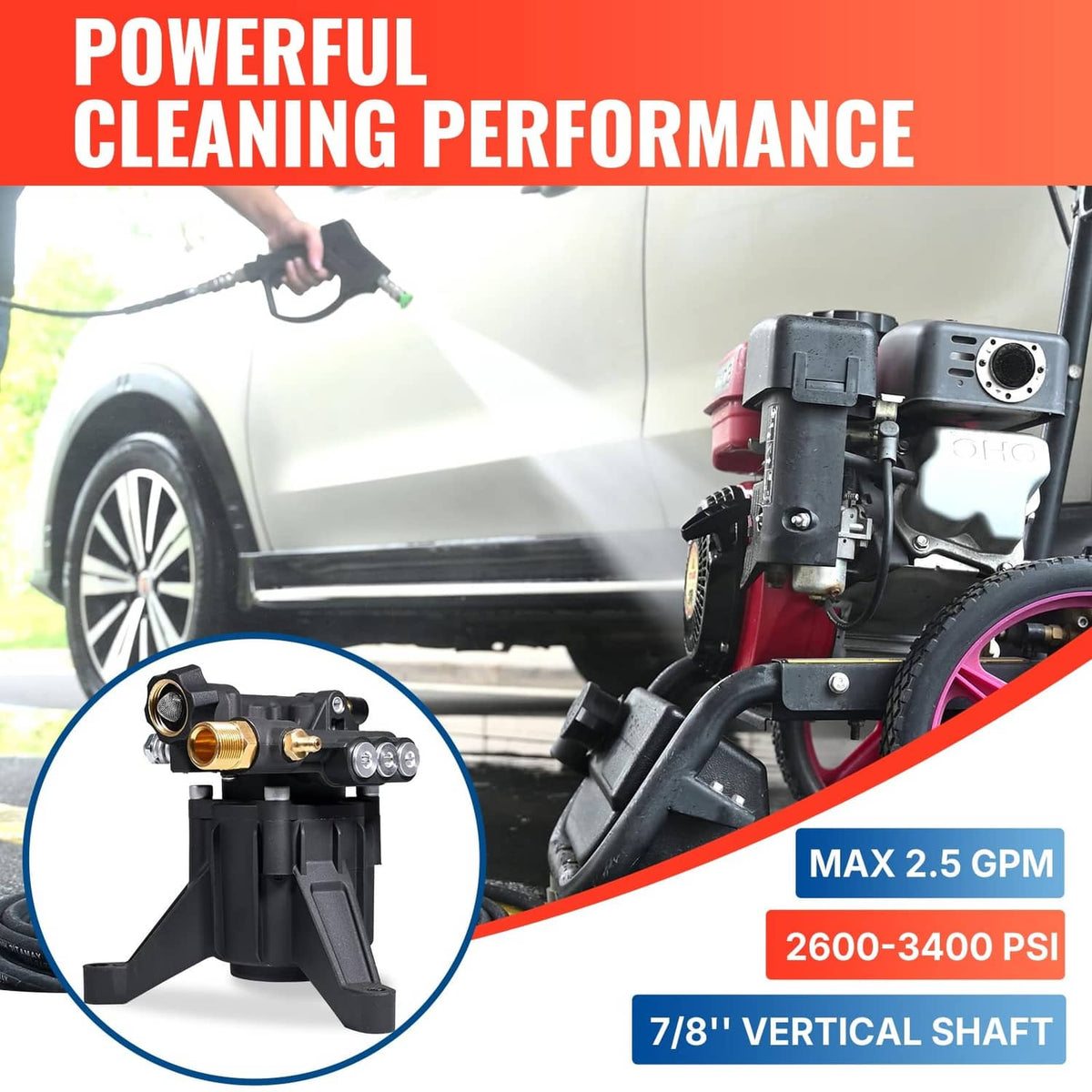 Black vertical pressure washer pump with brass inlet and outlet fittings, side view