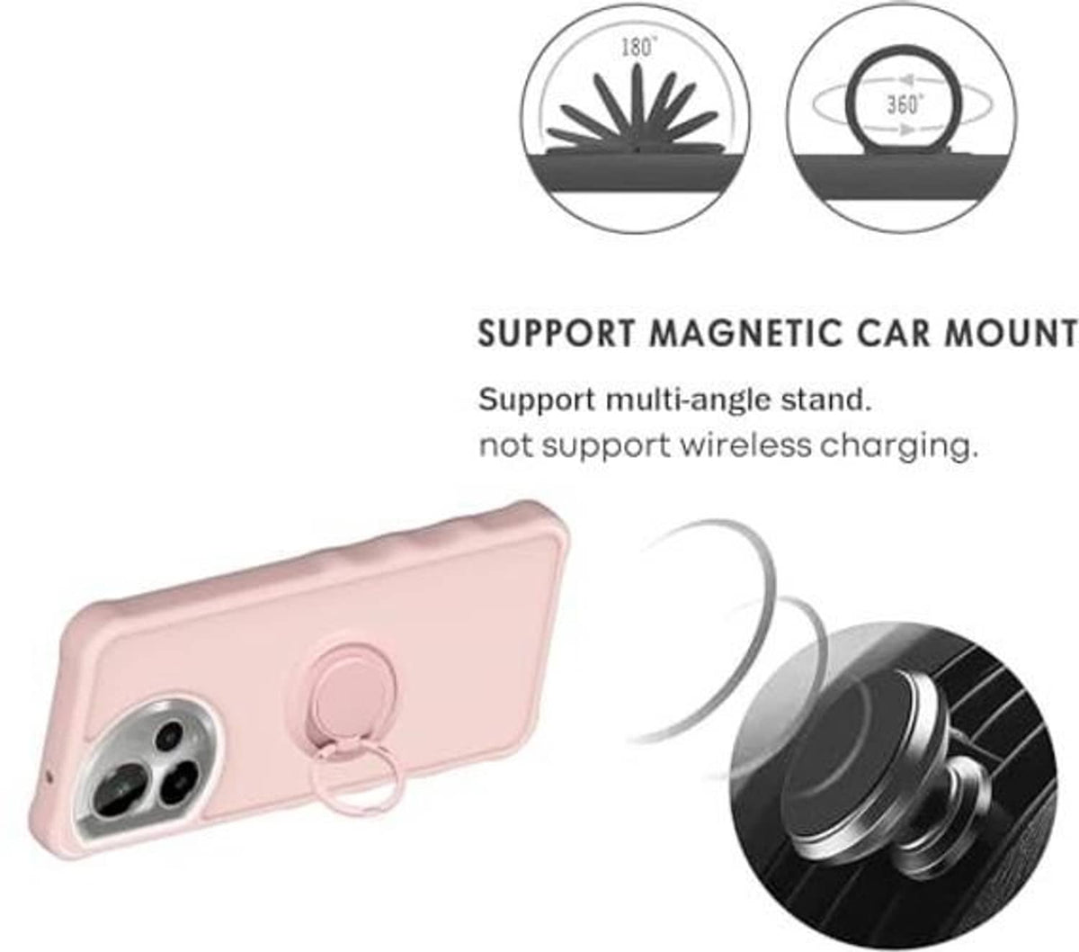 Pink phone case with circular stand ring near camera, showing rear and side openings