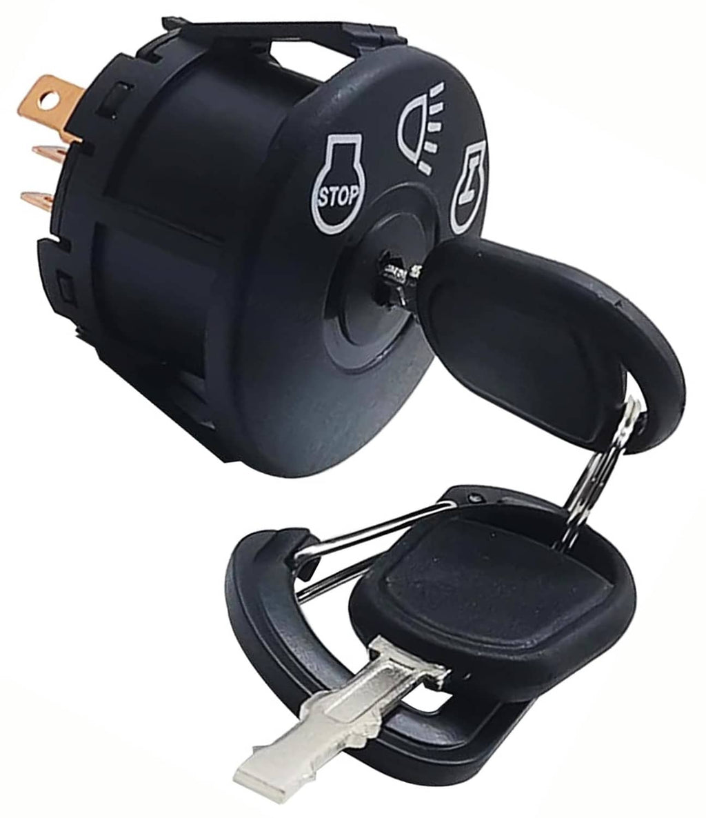 Black ignition switch with key, stop and symbol markings on the bezel