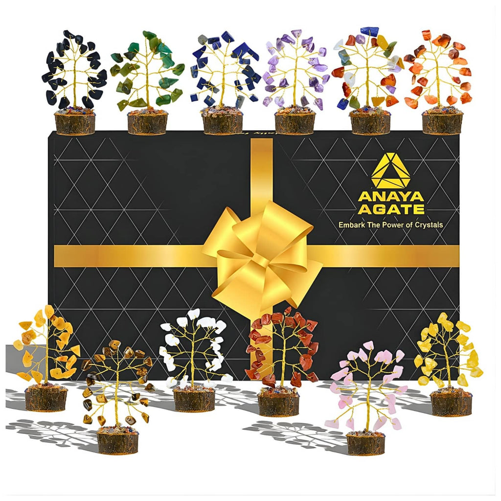 Set of 12 colorful gemstone crystal trees with gold-toned resin bases.