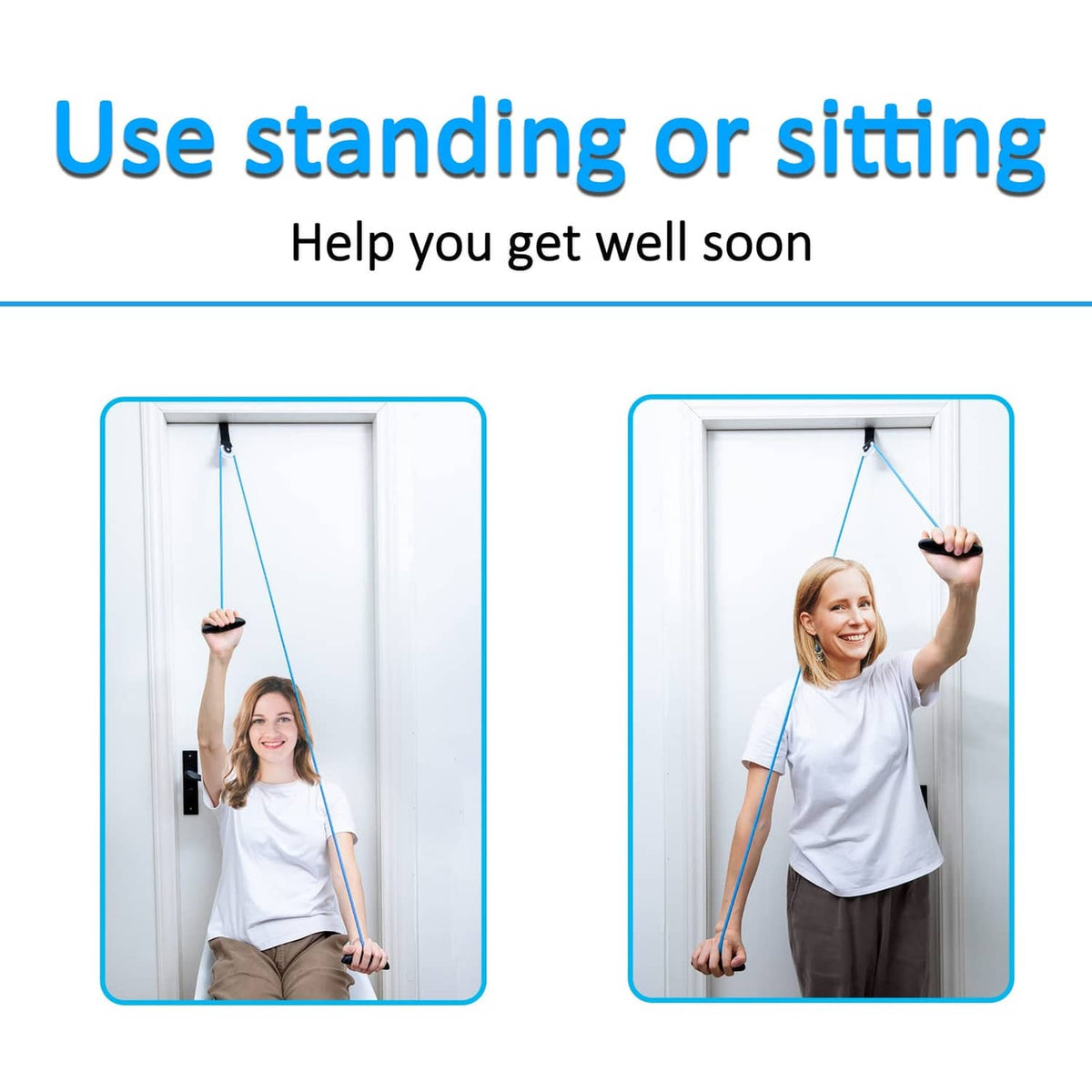 Shoulder rehab pulley with blue cord and black handle for standing or sitting exercises