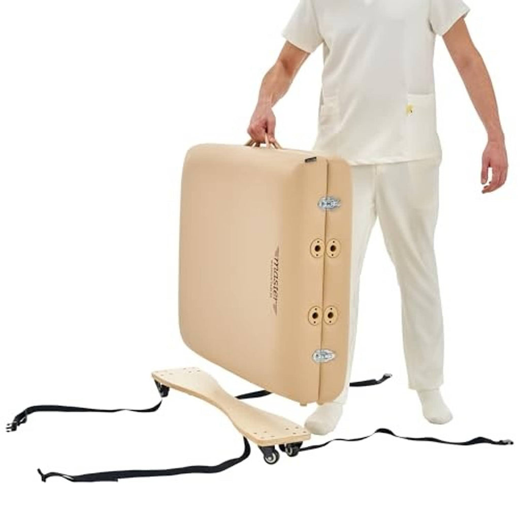 Beige massage table cart with black straps and caster base; shown pulled open