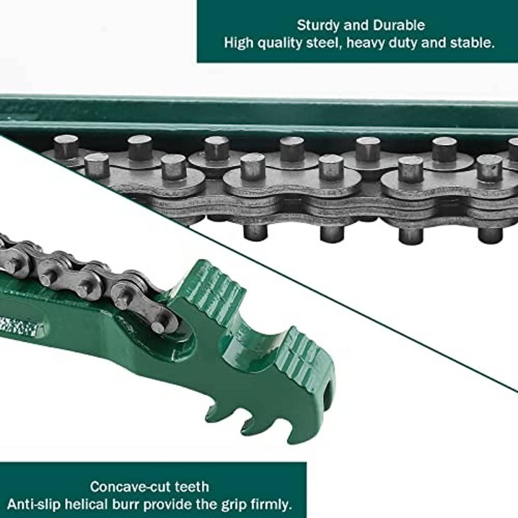 Close-up of green chain wrench head with concave teeth and roller chain