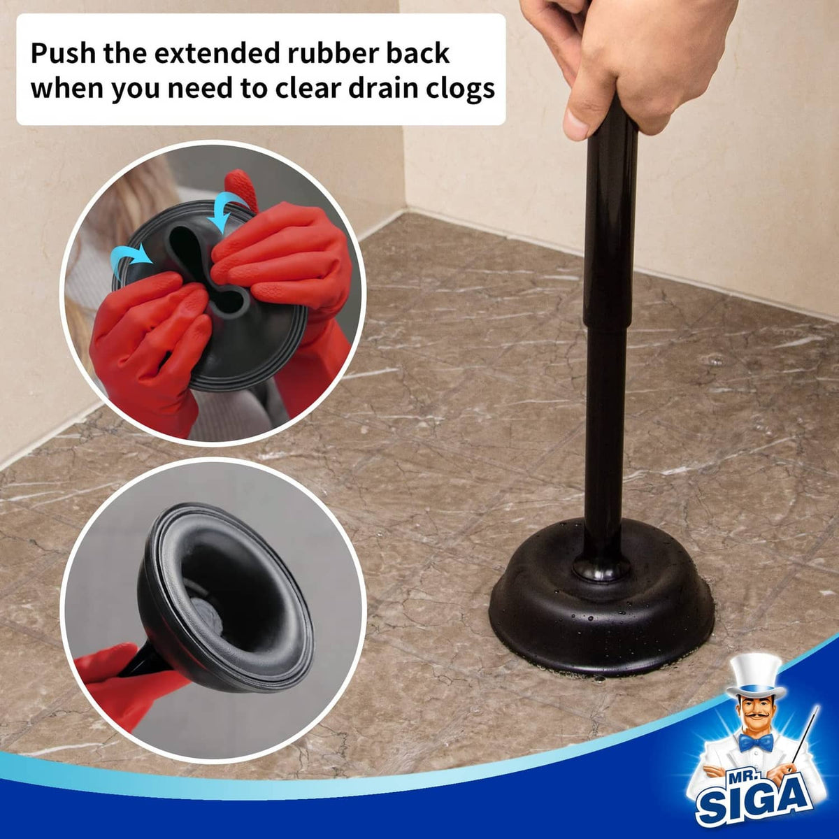 Black toilet plunger with extended rubber back for clearing clogs, MR.SIGA.