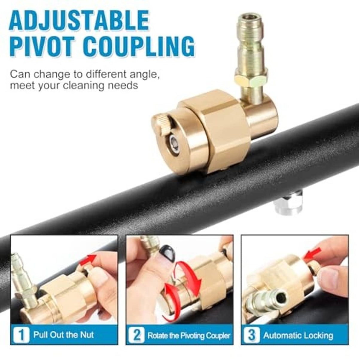 Adjustable pivot coupler on black pressure washer wand with brass connector and locking nut