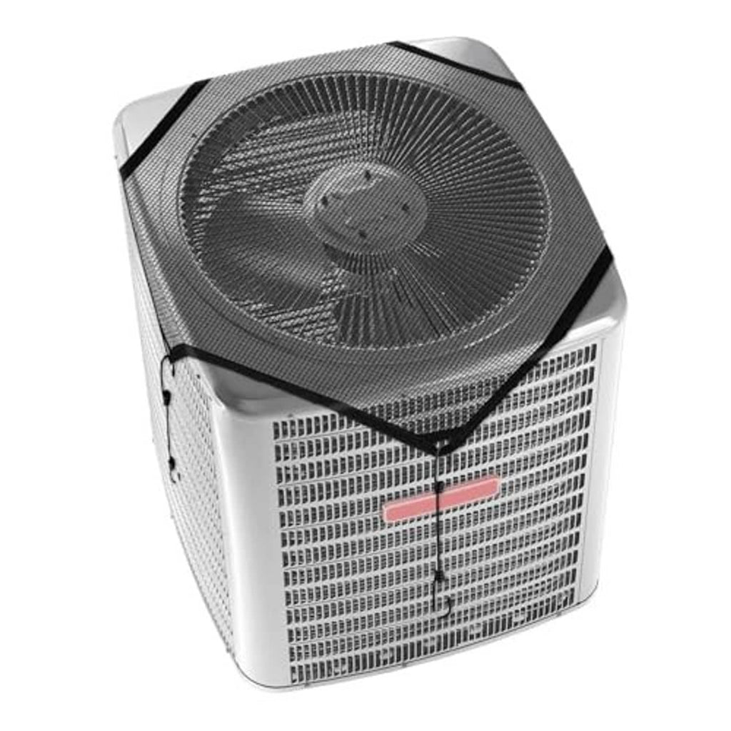 Outdoor AC unit cover with circular fan opening and dark mesh vinyl face panel