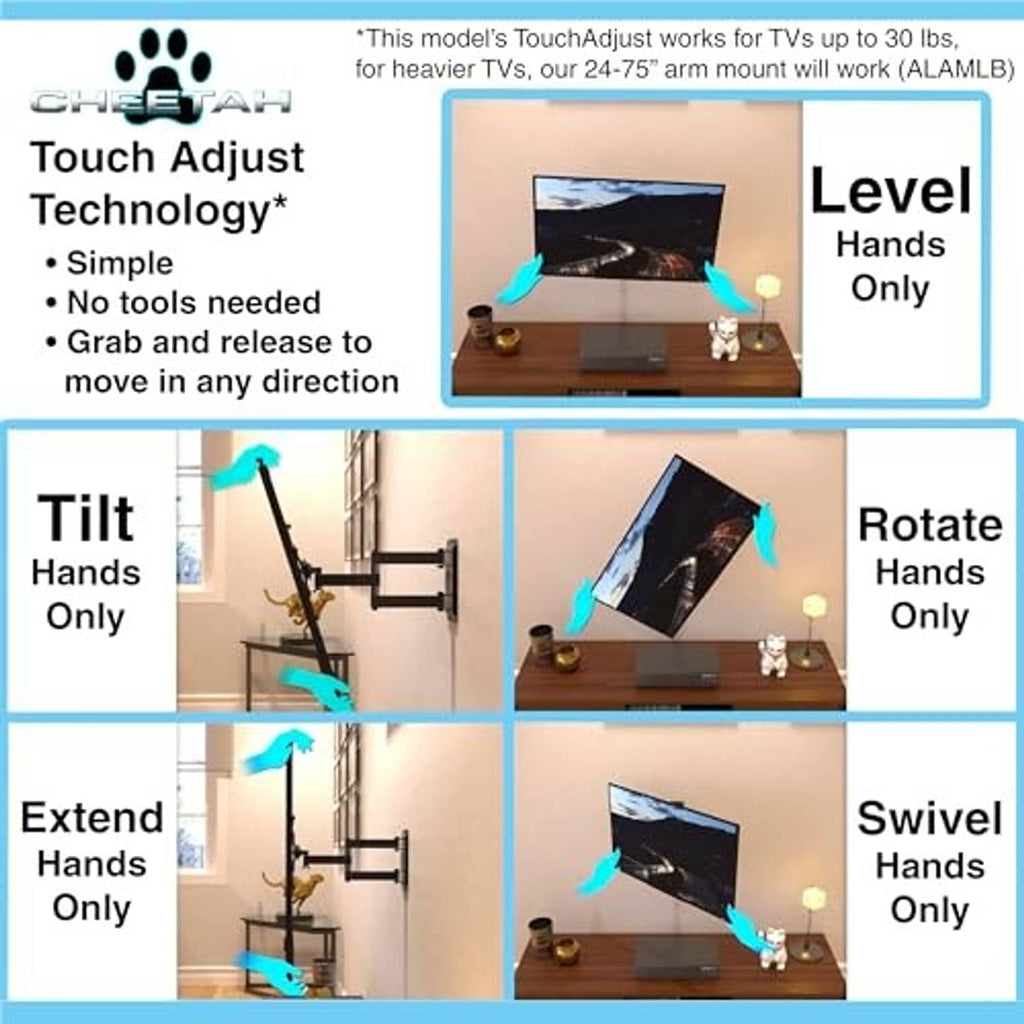 Adjustable TV wall mount feature diagram showing tilt, rotate, extend, and swivel