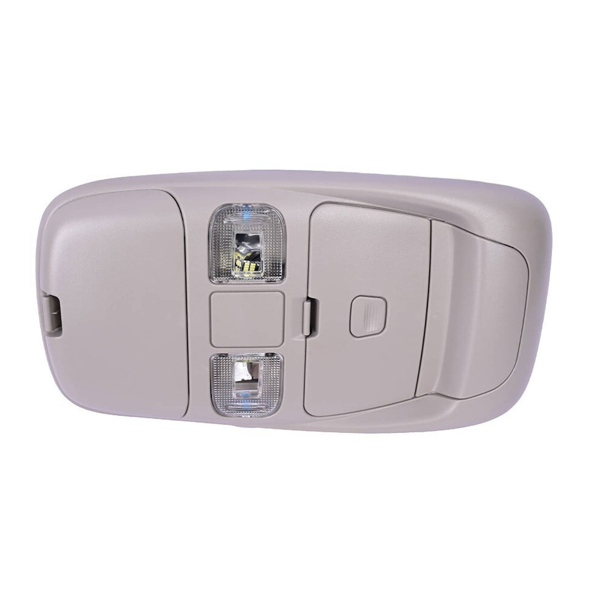 Vehicle overhead console with two clear lamp lenses and central switch panel, light gray.