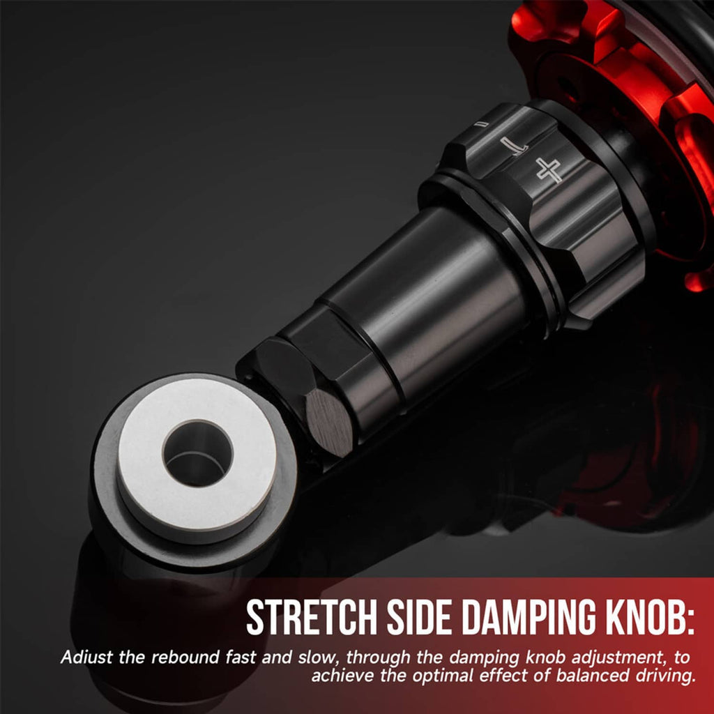 Rear air shock absorber with red reservoir and black body, side damping adjustment knob
