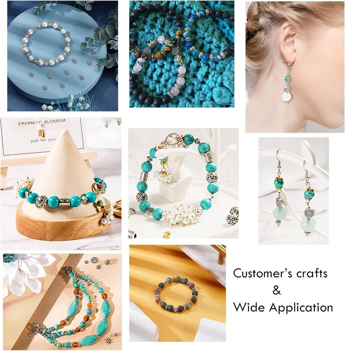 Antique silver spacer beads used in bracelets and earrings, shown with turquoise and beads