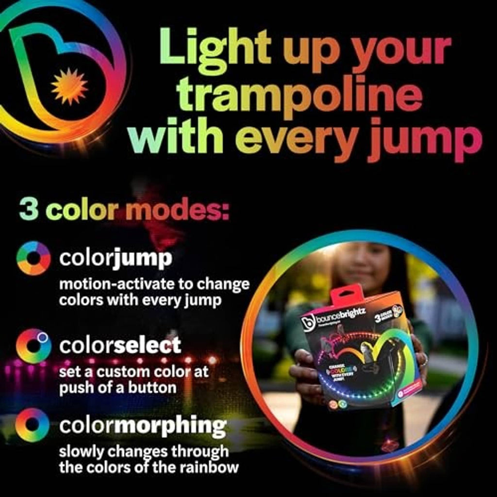 Colorful LED trampoline lights concept with circular preview showing boxed kit