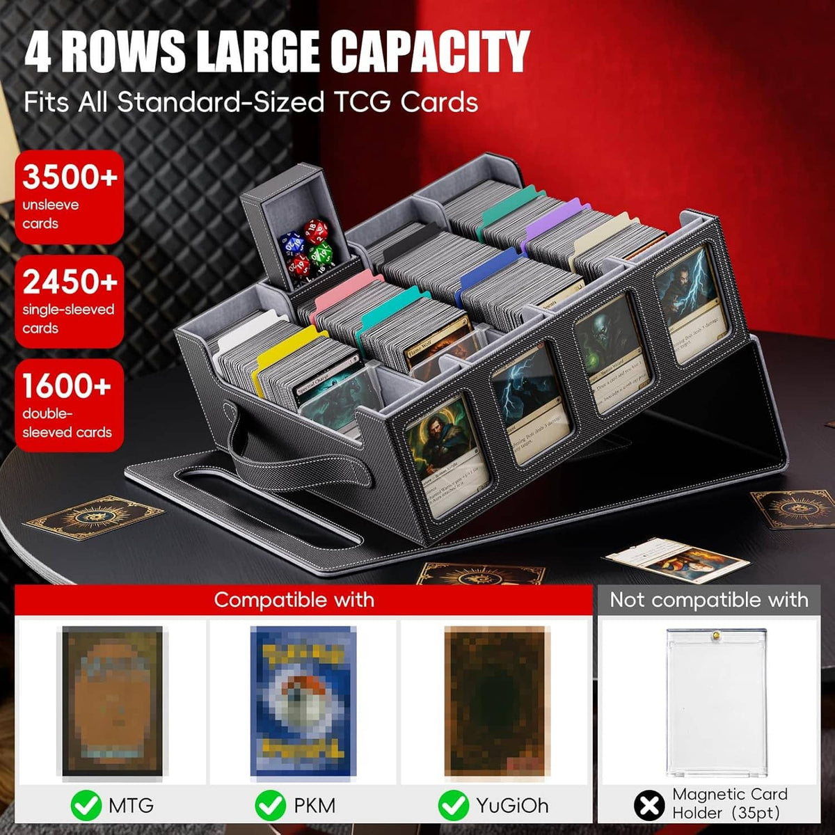 Gray trading card storage box with handle, open top, four-row card compartments and holders.