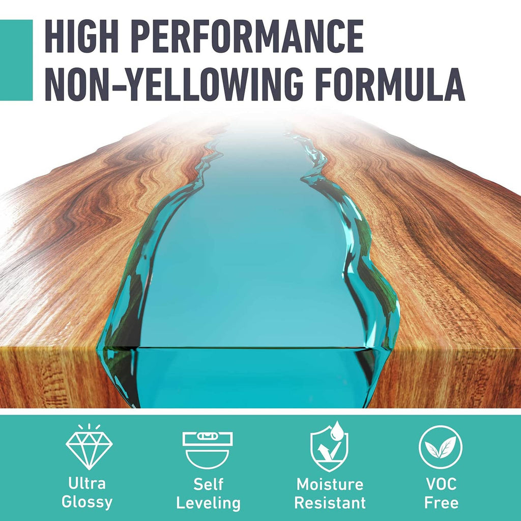 Ultra-gloss non-yellowing epoxy resin pour sample on wood tabletop in vivid teal.