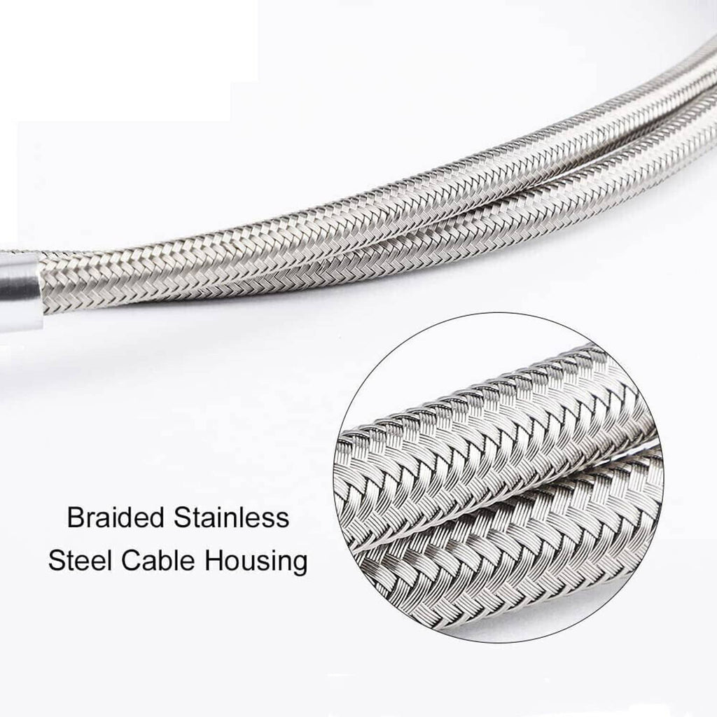 Braided stainless steel throttle cable housing close-up