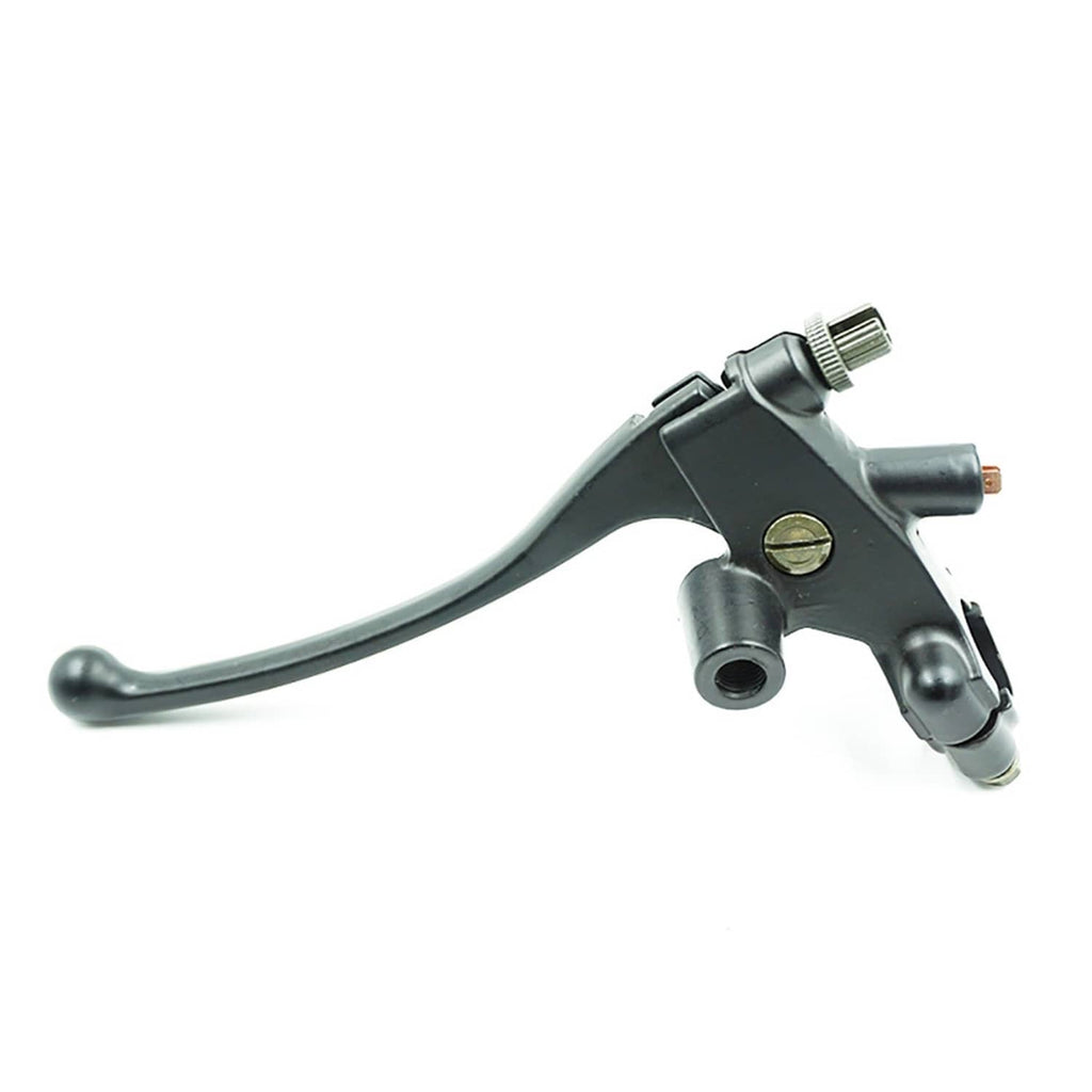 Black hydraulic brake master cylinder with silver mounting bolts and lever