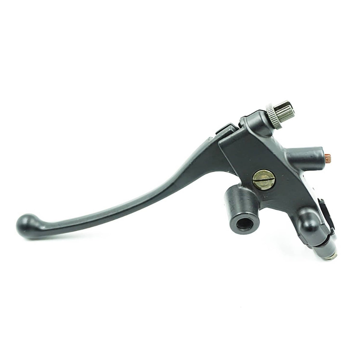 Black hydraulic brake master cylinder with silver mounting bolts and lever