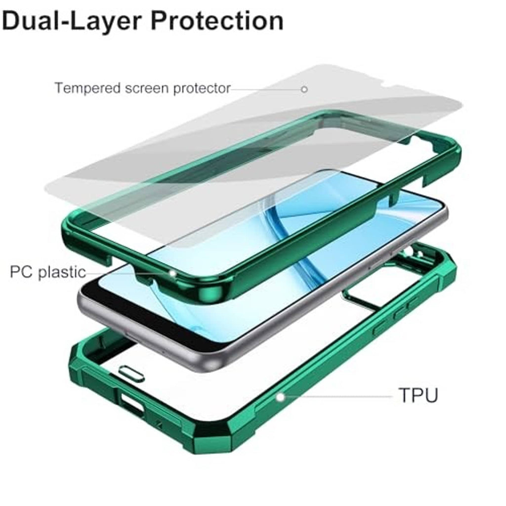 Green dual-layer phone case with transparent screen protector and TPU outer frame