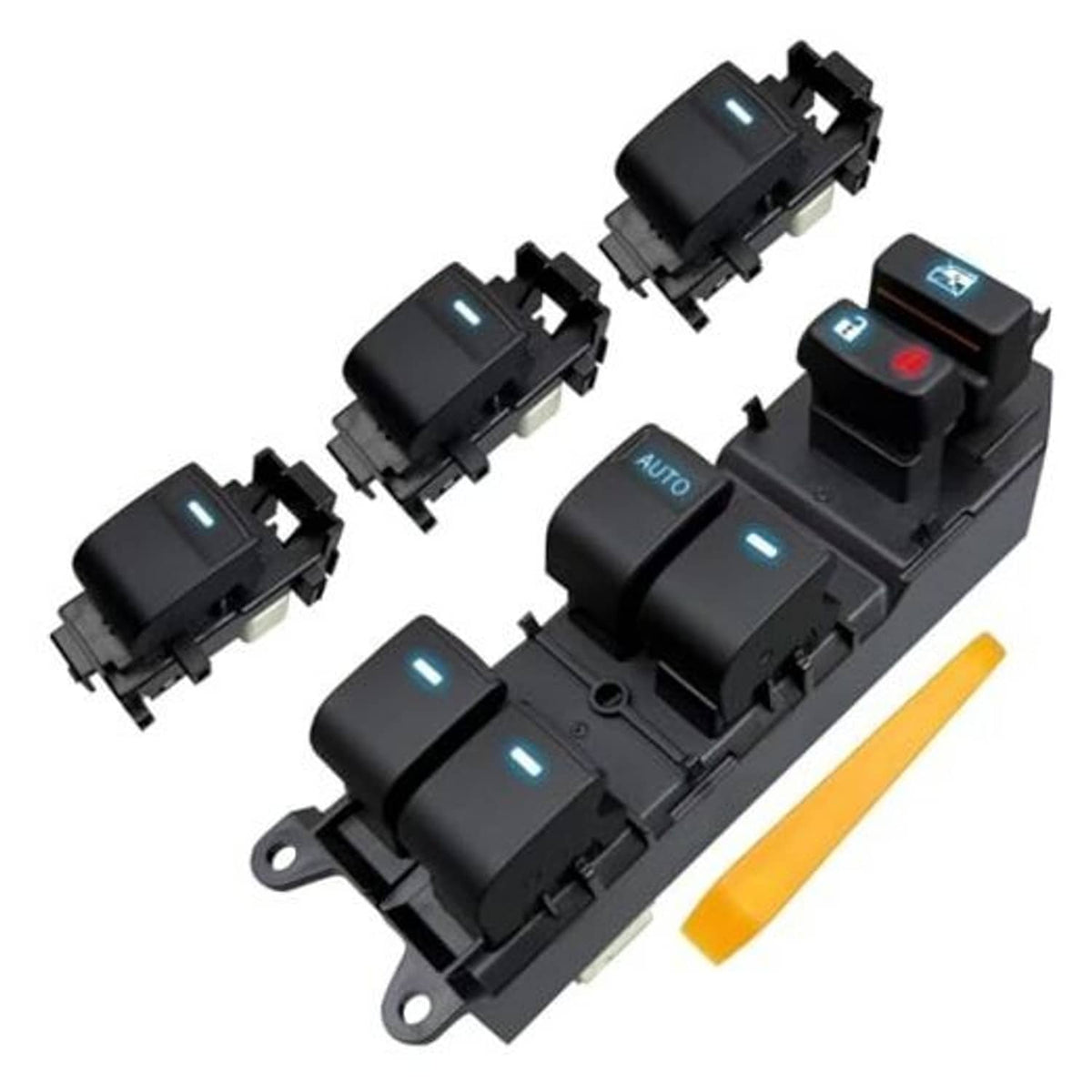 Black master power window switch panel set with auto buttons and blue LED lights
