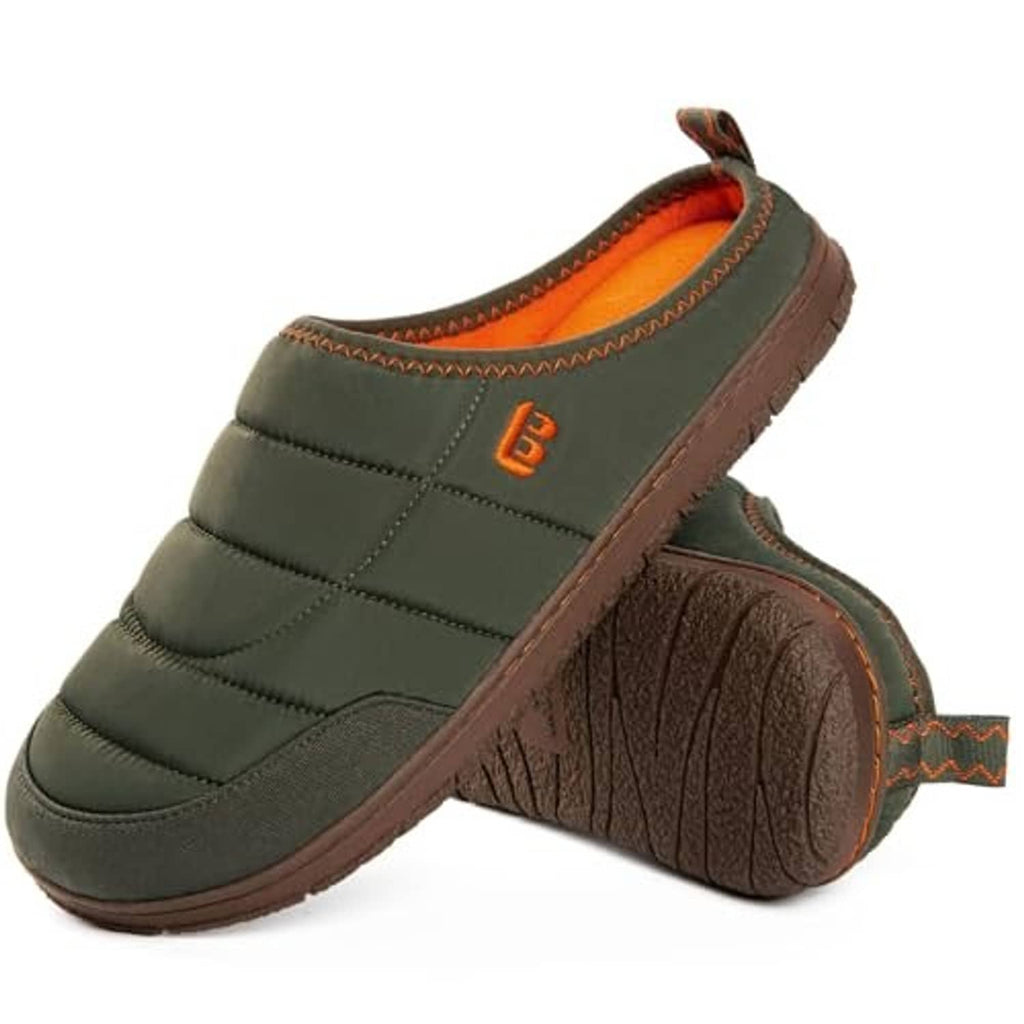 Two-tone slip-on slippers with dark green quilted upper and brown non-slip sole