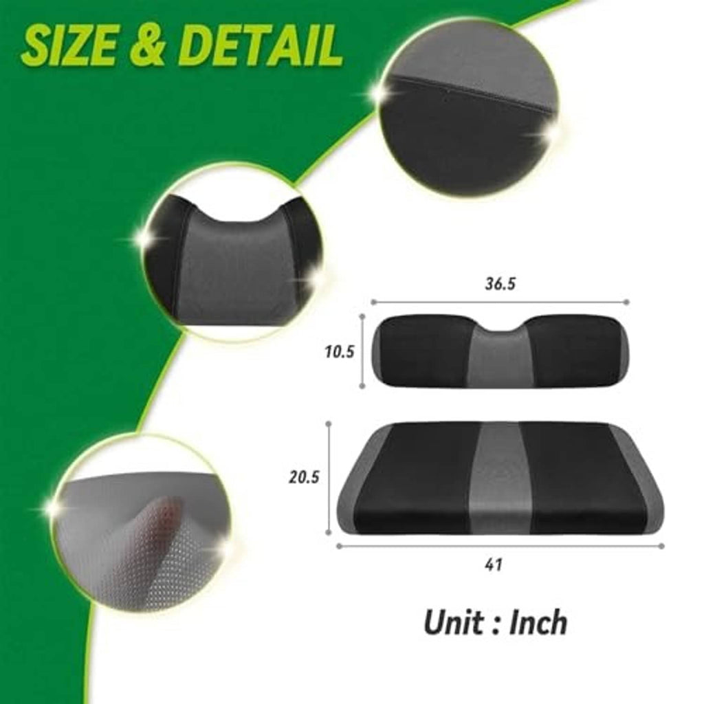 Seat cushion cover size diagram, black cover with gray center insert and stitched edge