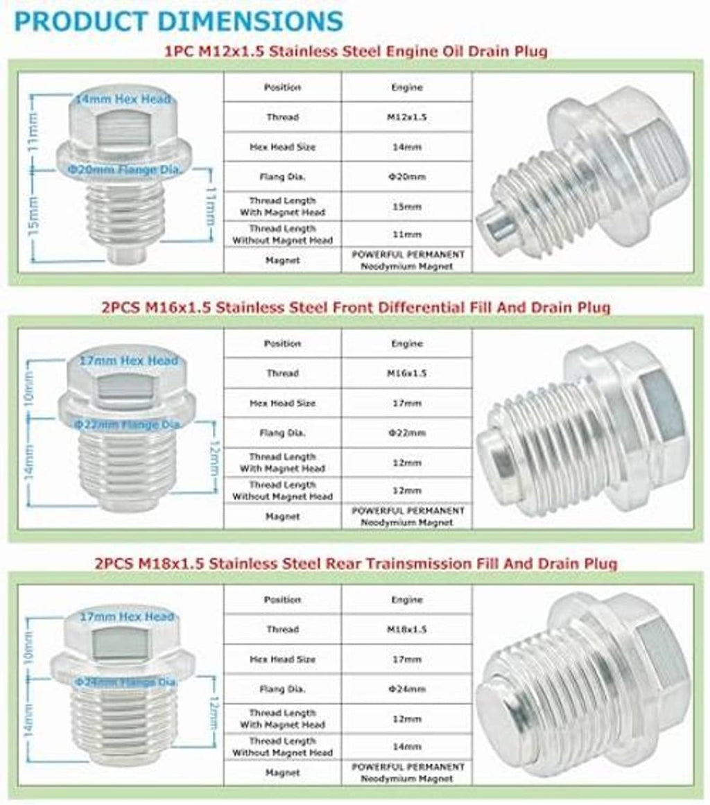 Product dimensions graphic for stainless steel magnetic engine drain plugs M12/M16/M18