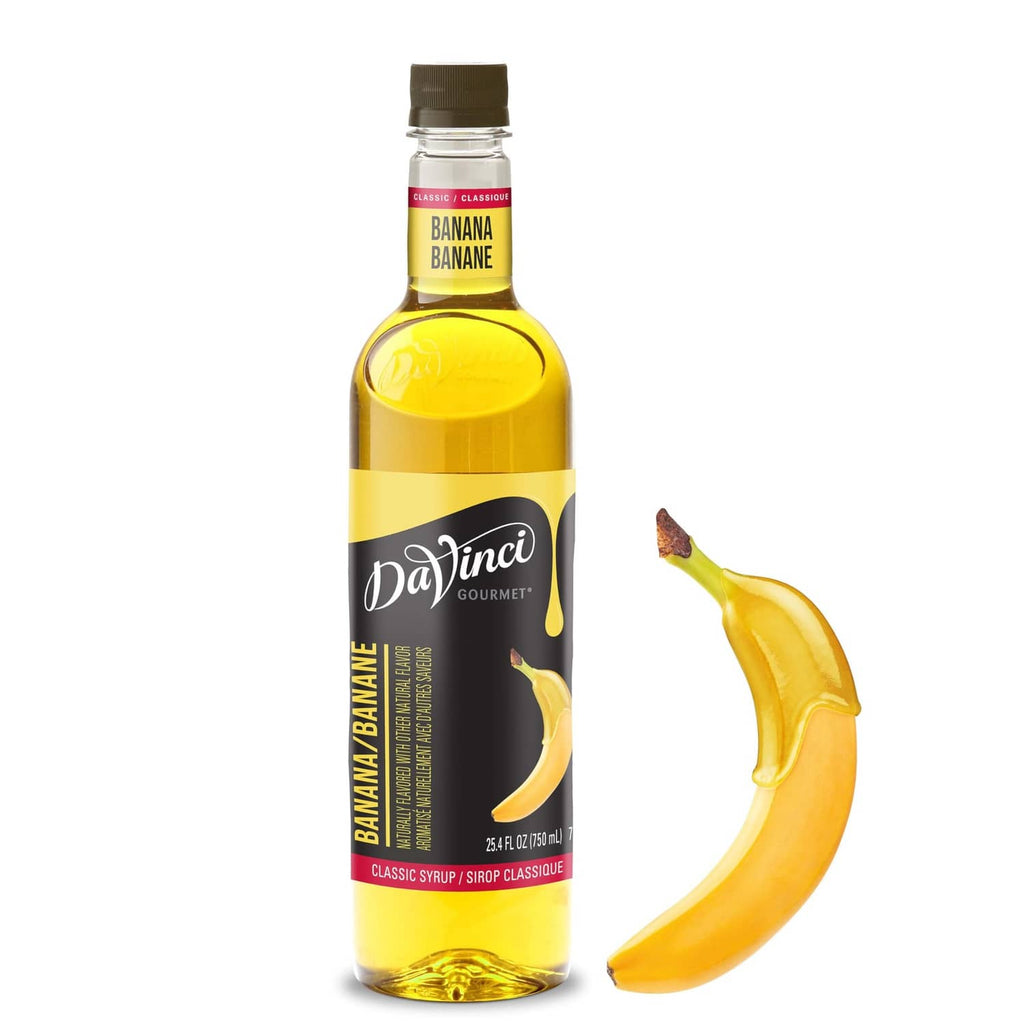 Banana syrup bottle with yellow liquid and black cap