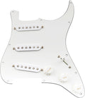 White Strat-style guitar pre-wired pickguard with 3 single-coil pickups and 3 control knobs