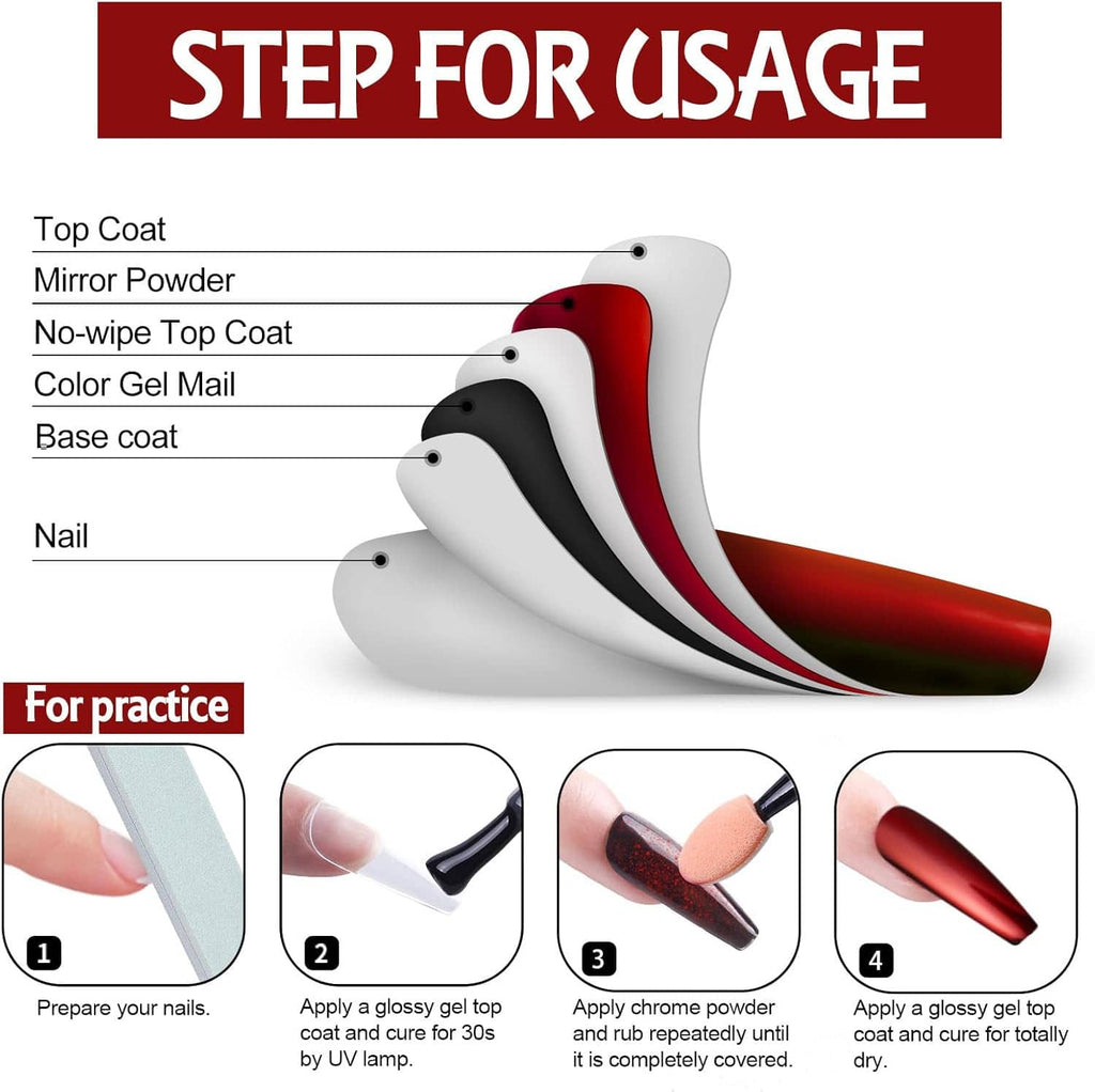 Nail mirror powder usage steps diagram showing coats and chrome powder application
