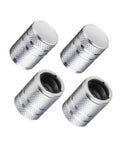Silver metal tire valve stem caps (4-pack) with textured grip and black inner seal