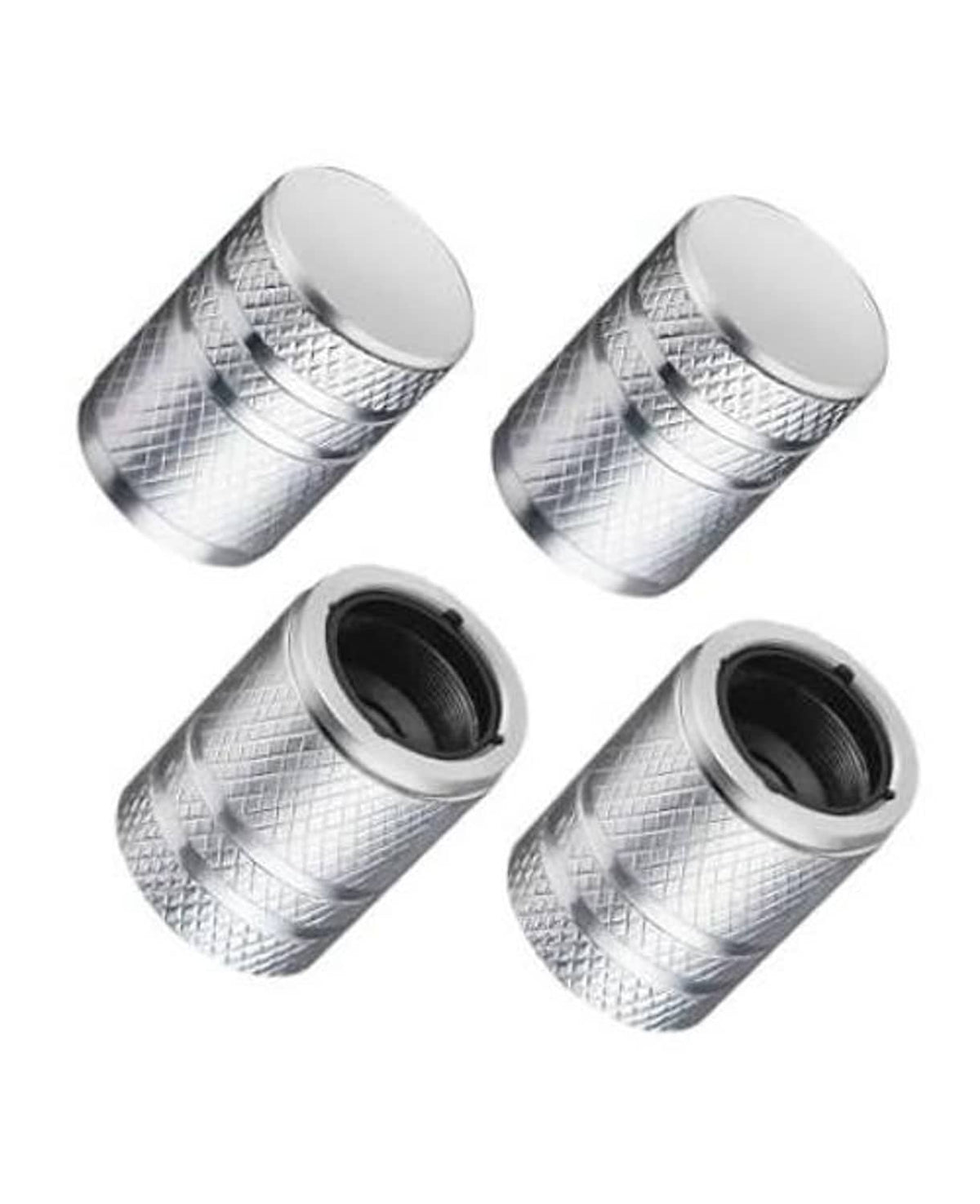 Silver metal tire valve stem caps (4-pack) with textured grip and black inner seal