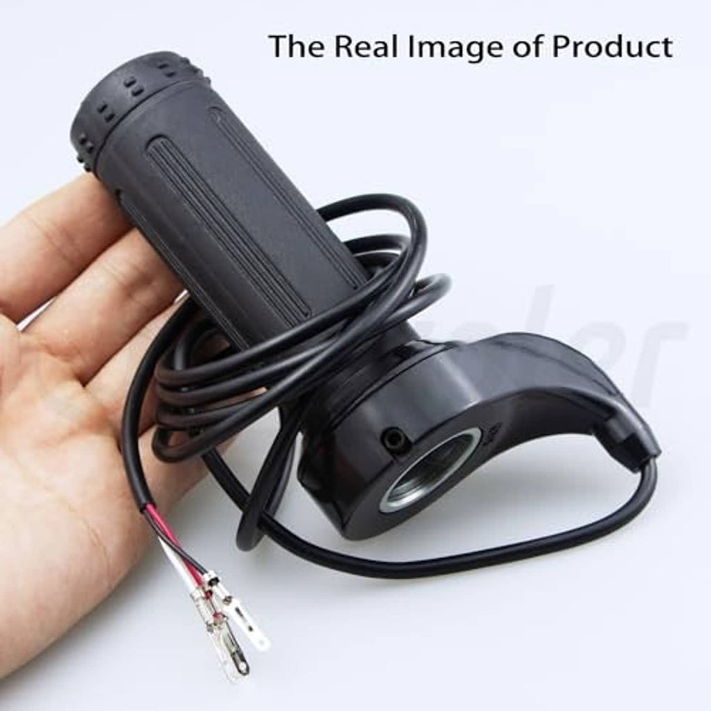 Twist throttle grip with 3-wire harness held in hand, black rubber replacement part
