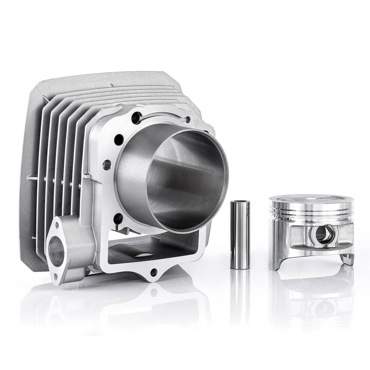 Finned aluminum cylinder barrel with piston and wrist pin