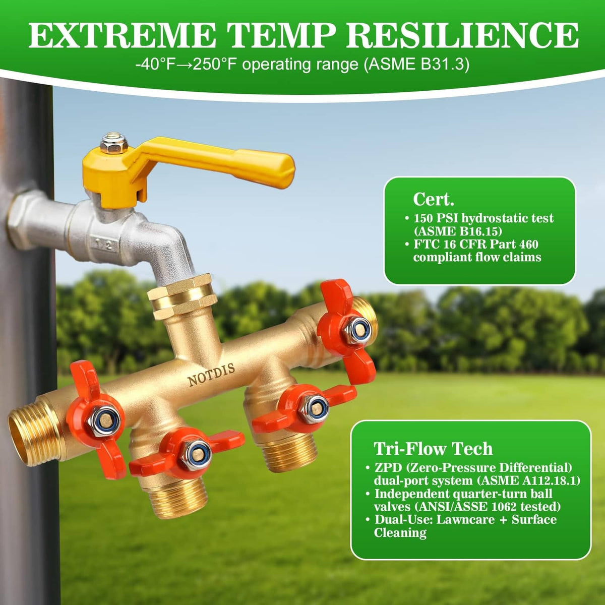 Brass 4-way hose splitter with orange lever valves and threaded inlet/outlet hose ports