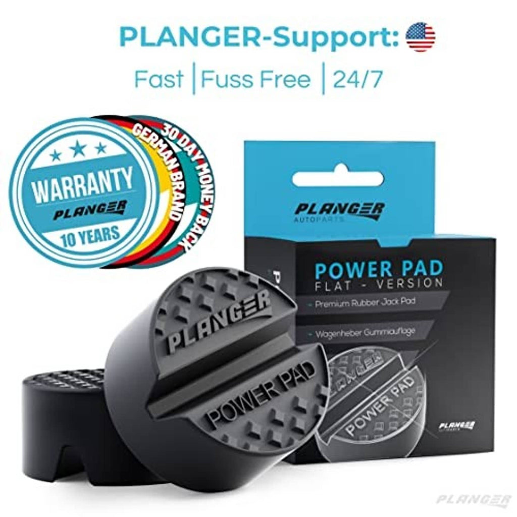Flat rubber jack pad product box with round textured base and PLANGER Power Pad branding