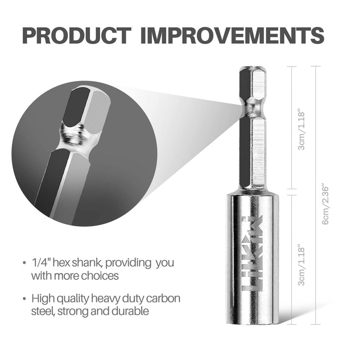 Rotary saw blade with 1/4 in hex shank and serrated circular cutting head, silver