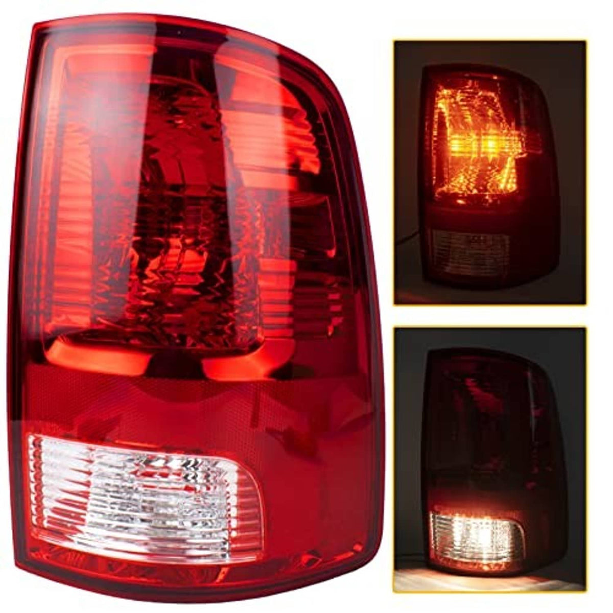 Right tail light with red lens and clear reverse section shown in angled close-up