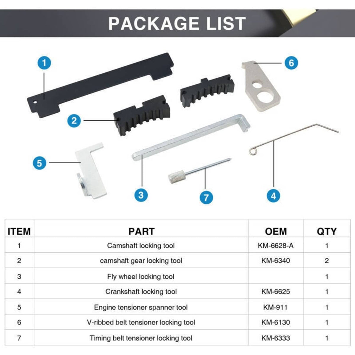 Package contents diagram listing timing tool set parts and quantities