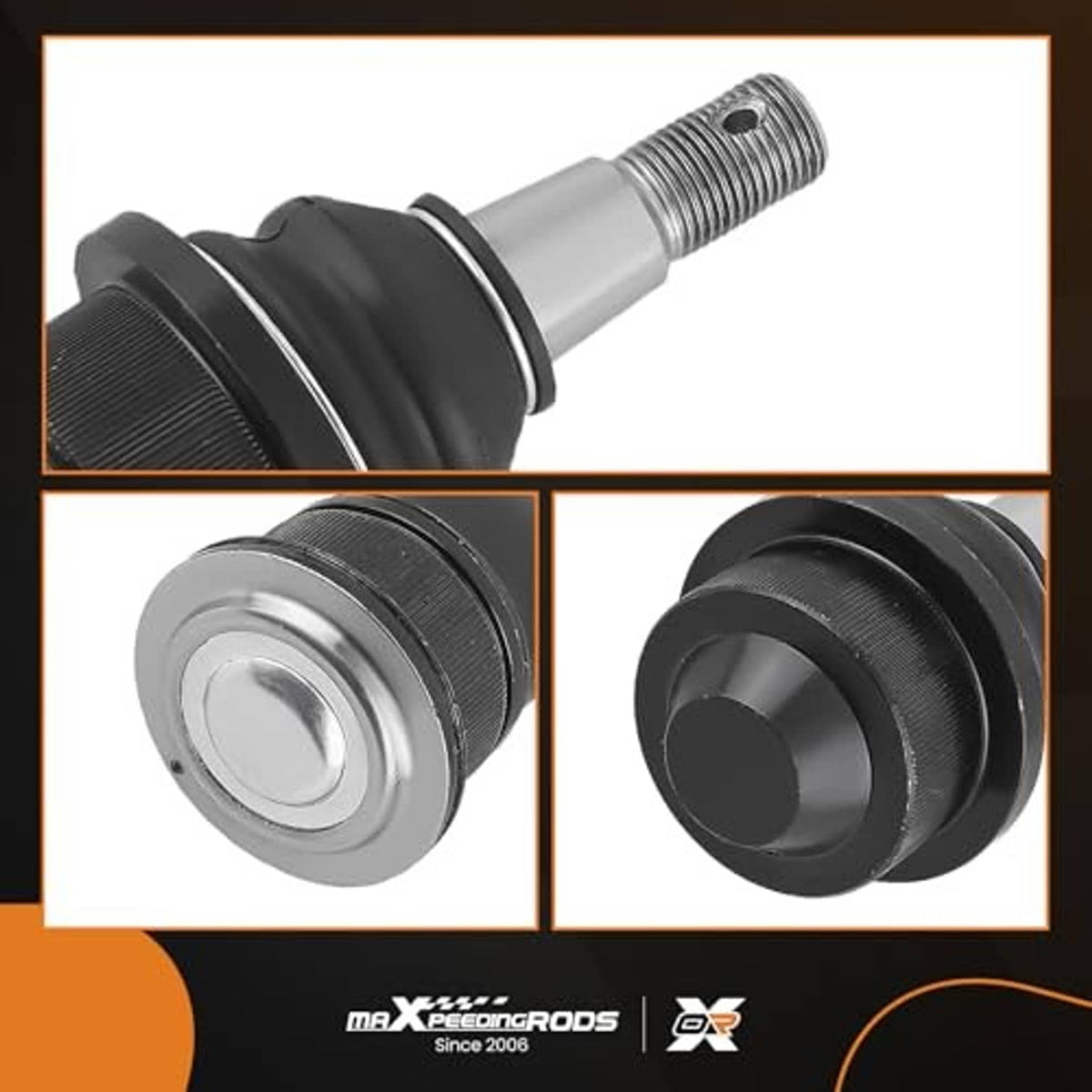 Ball joint close-up with black boot, silver housing, and threaded stud