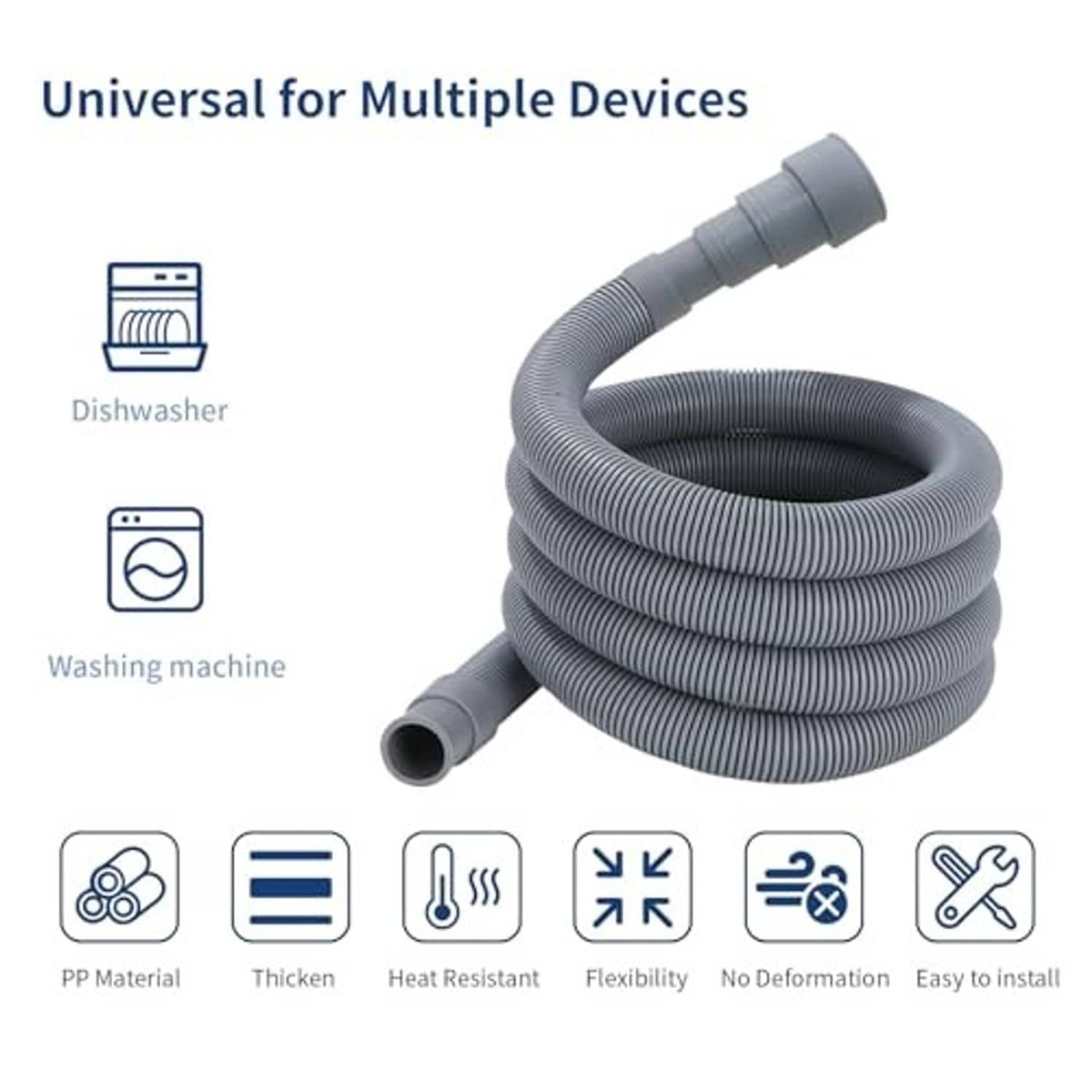 Coiled gray corrugated drain hose with end fitting for washing machine or dishwasher
