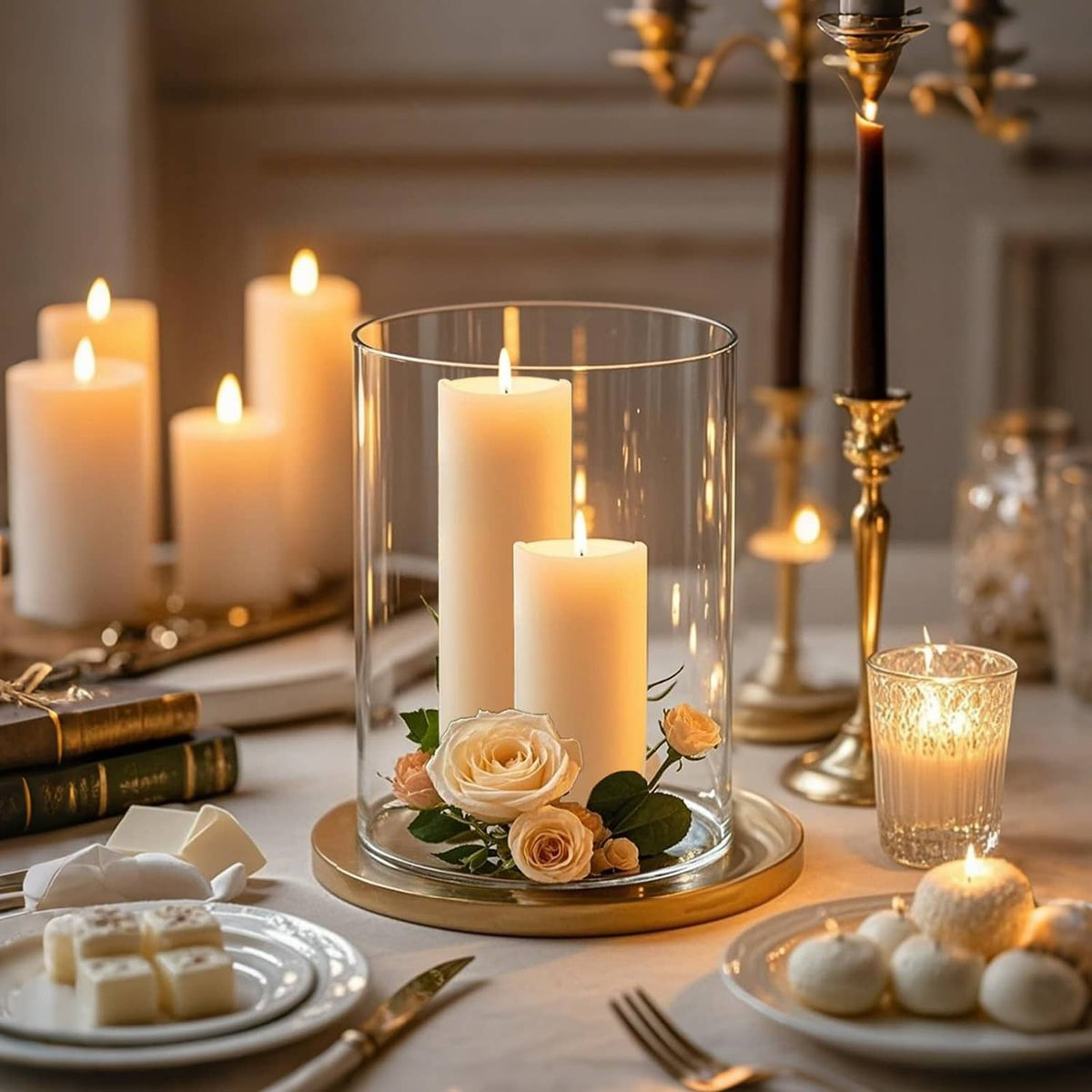 Clear glass cylinder vase with a candle and small rose at base