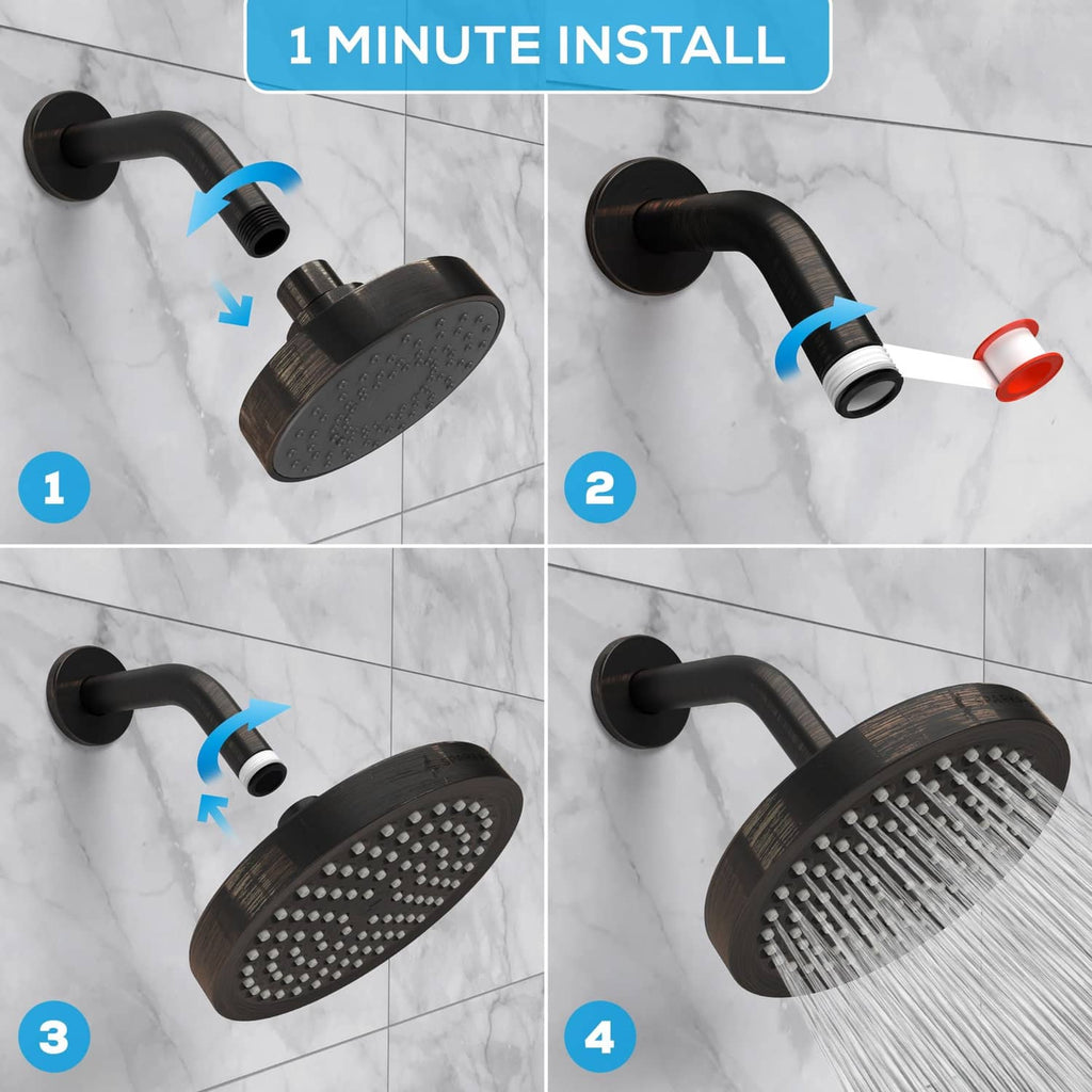 Oil rubbed bronze 6-inch rain shower head during installation with wall mount arm