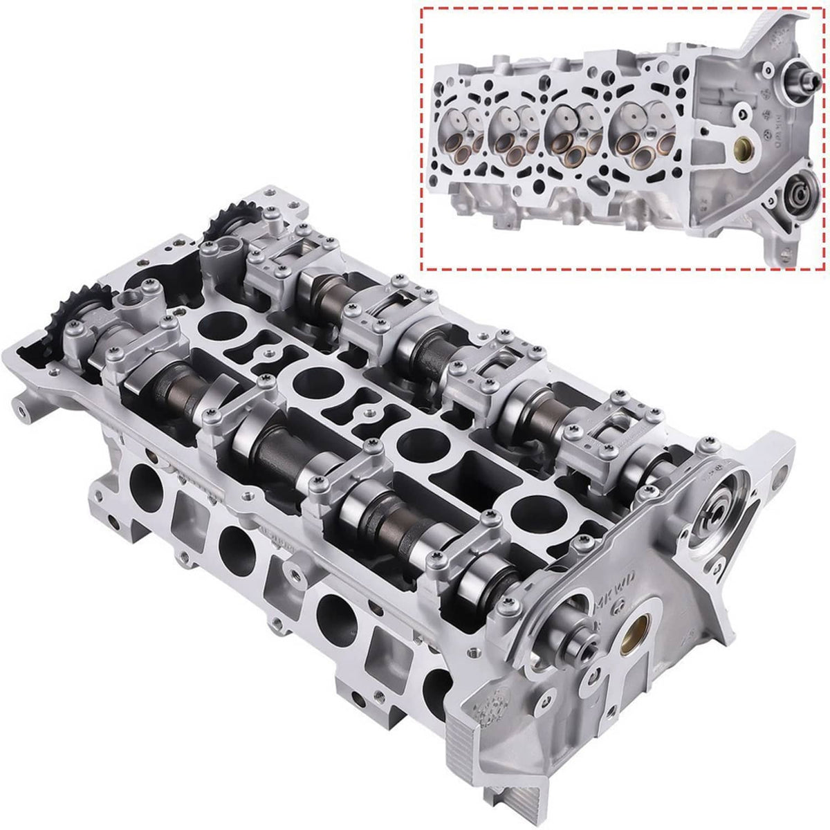 Aluminum cylinder head with exposed rocker and cylinder bores, angled top view