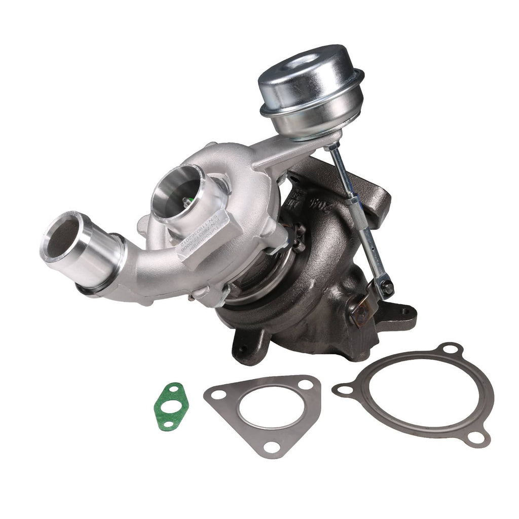 Turbocharger unit with silver housings and black turbine housing, shown with gaskets