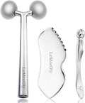 Stainless steel gua sha facial tool set with scalloped edge and handle, silver