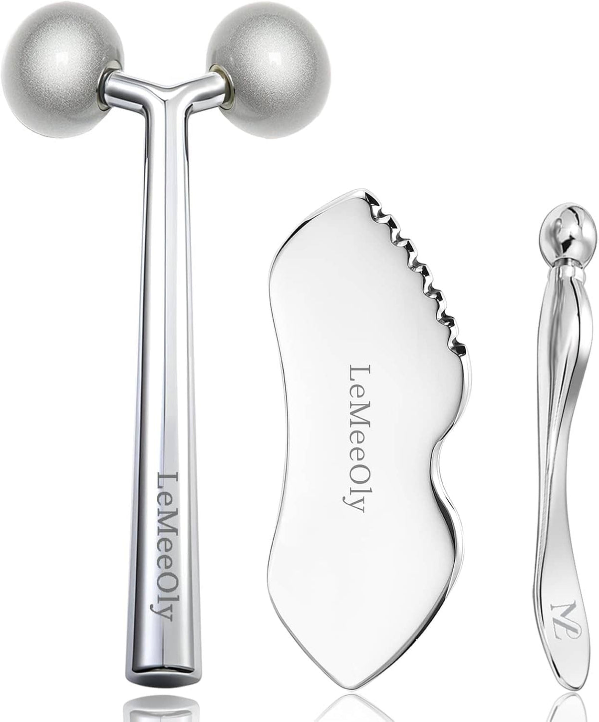 Stainless steel gua sha facial tool set with scalloped edge and handle, silver