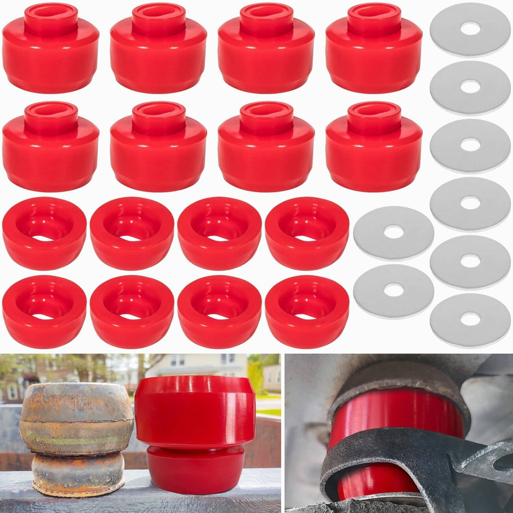 Red silicone body cab mount bushings with gray washers, shown grouped and installed