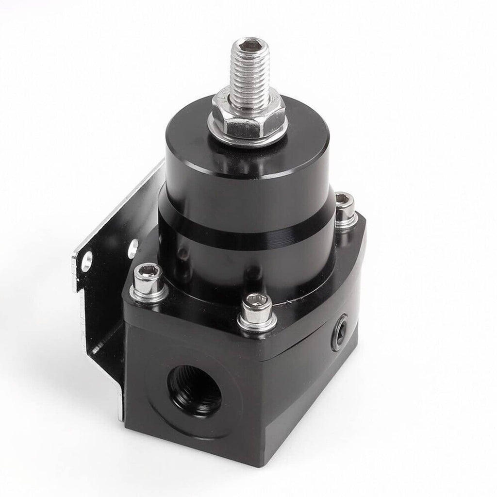 Black ORB-06 fuel pressure regulator housing with threaded inlet/outlet connections
