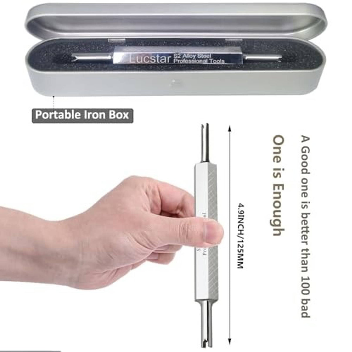 Portable tool box with valve core removal tool; hand holding the metal shaft