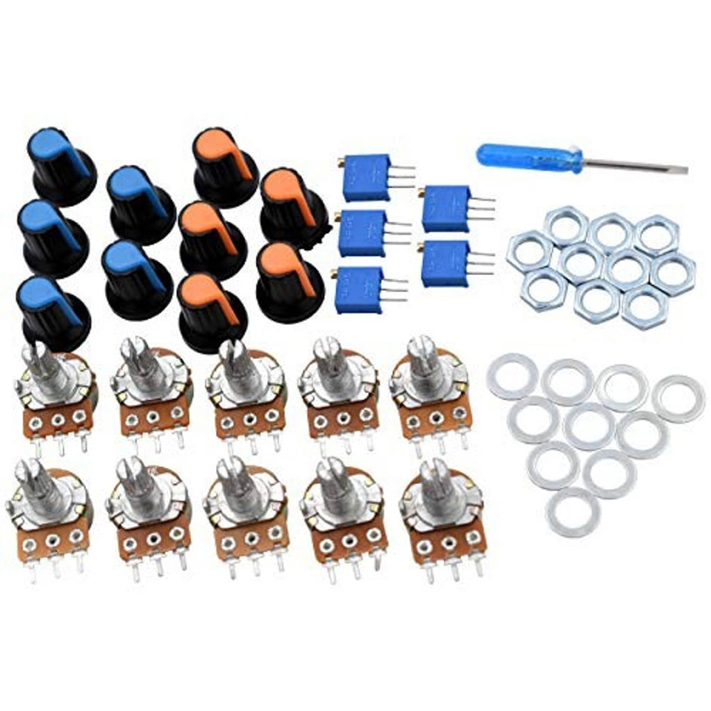 Assorted potentiometers with blue and orange knobs, threaded shafts, and metal mounting rings