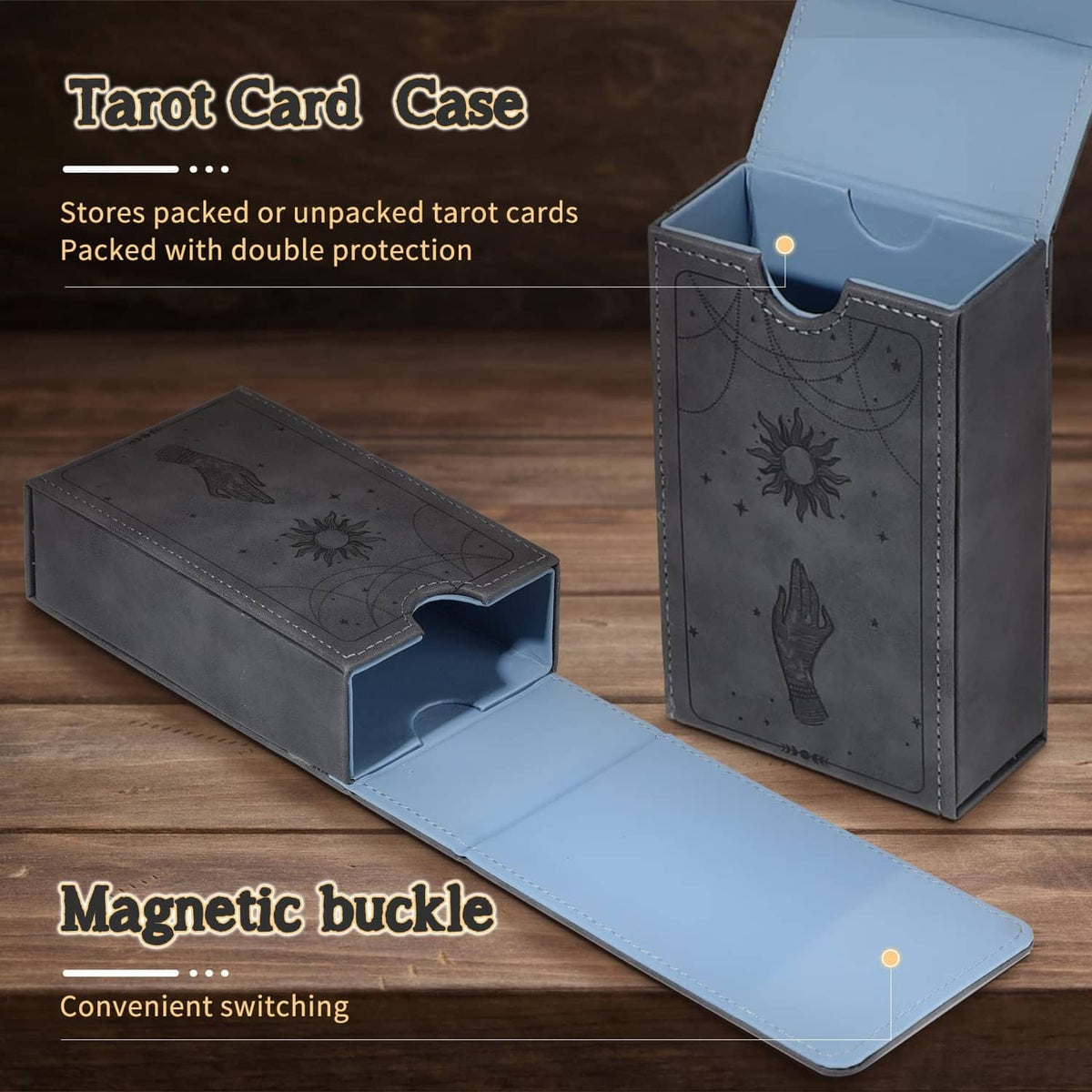 Grey PU leather tarot card holder with magnetic buckle, open compartment for cards
